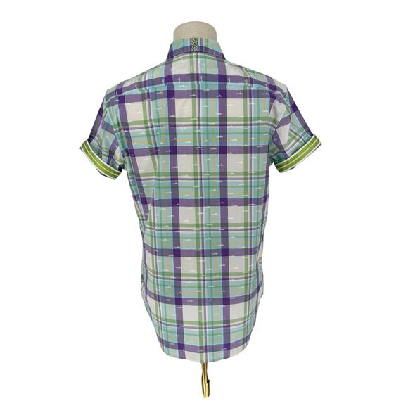 Robert Graham Button Front Short Sleeve Shirt ECUADOR Shark Print Purple Green M - Picture 2 of 10